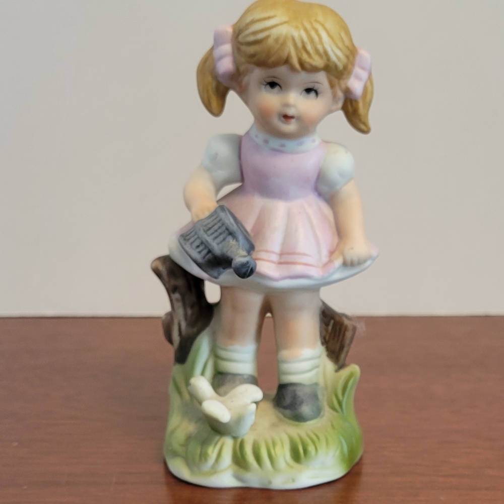 Vintage Girl With Watering Can Porcelain Figurine